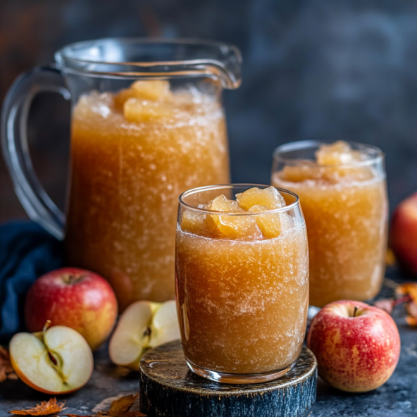  A pitcher of Caramel Dip Crown Apple Slush with glasses ready to serve.