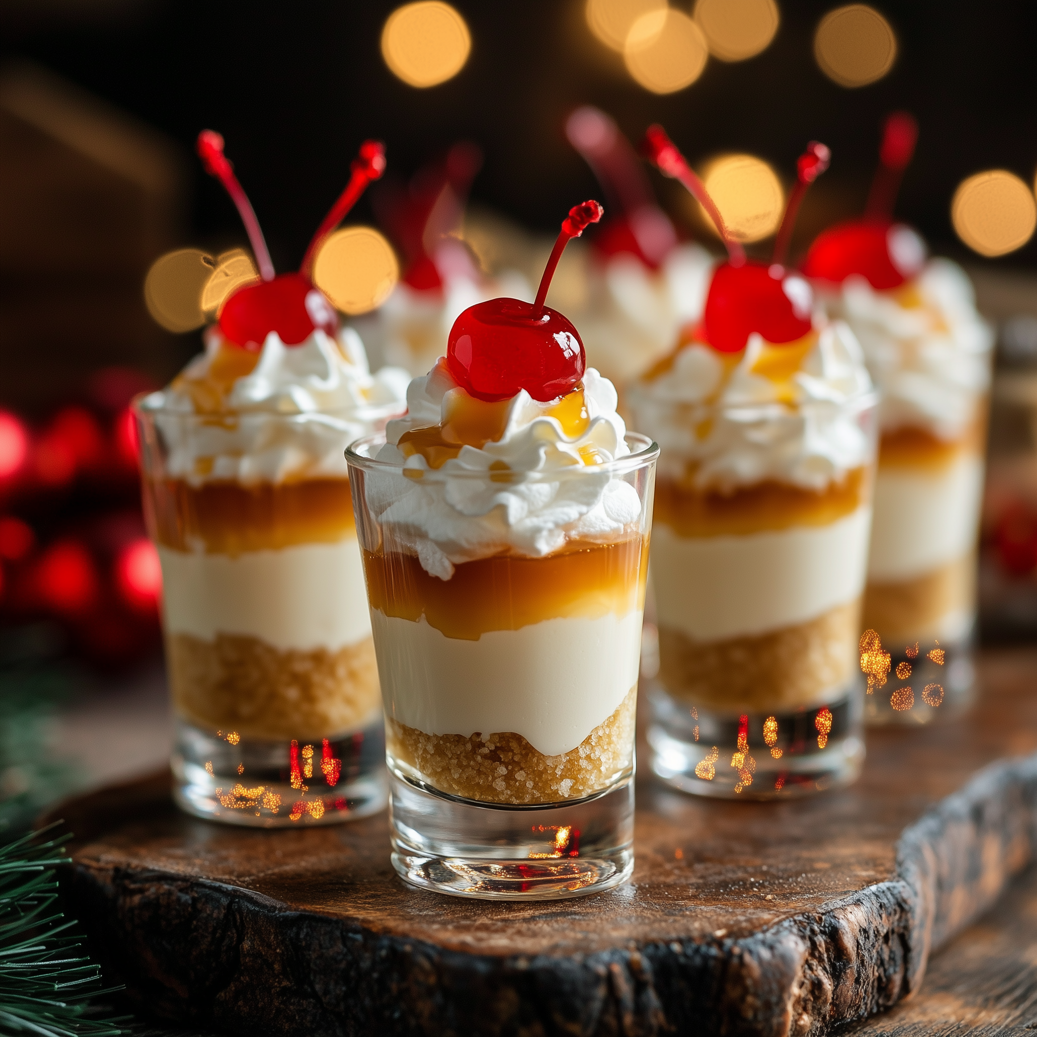 Fireball Whiskey Cheesecake Shots in small glasses topped with whipped cream.