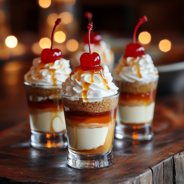  Fireball Whiskey Cheesecake Shots in small glasses topped with whipped cream.