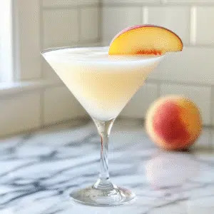serving white peach martinis with peaches
