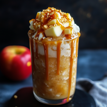 Caramel Dip Crown Apple Slush in a glass with a caramel drizzle.