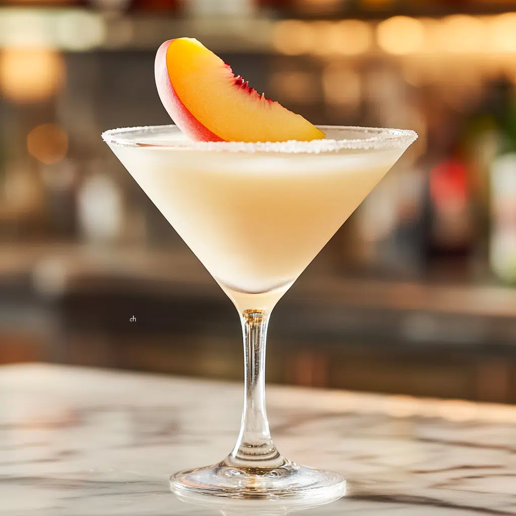serving white peach martinis with peaches