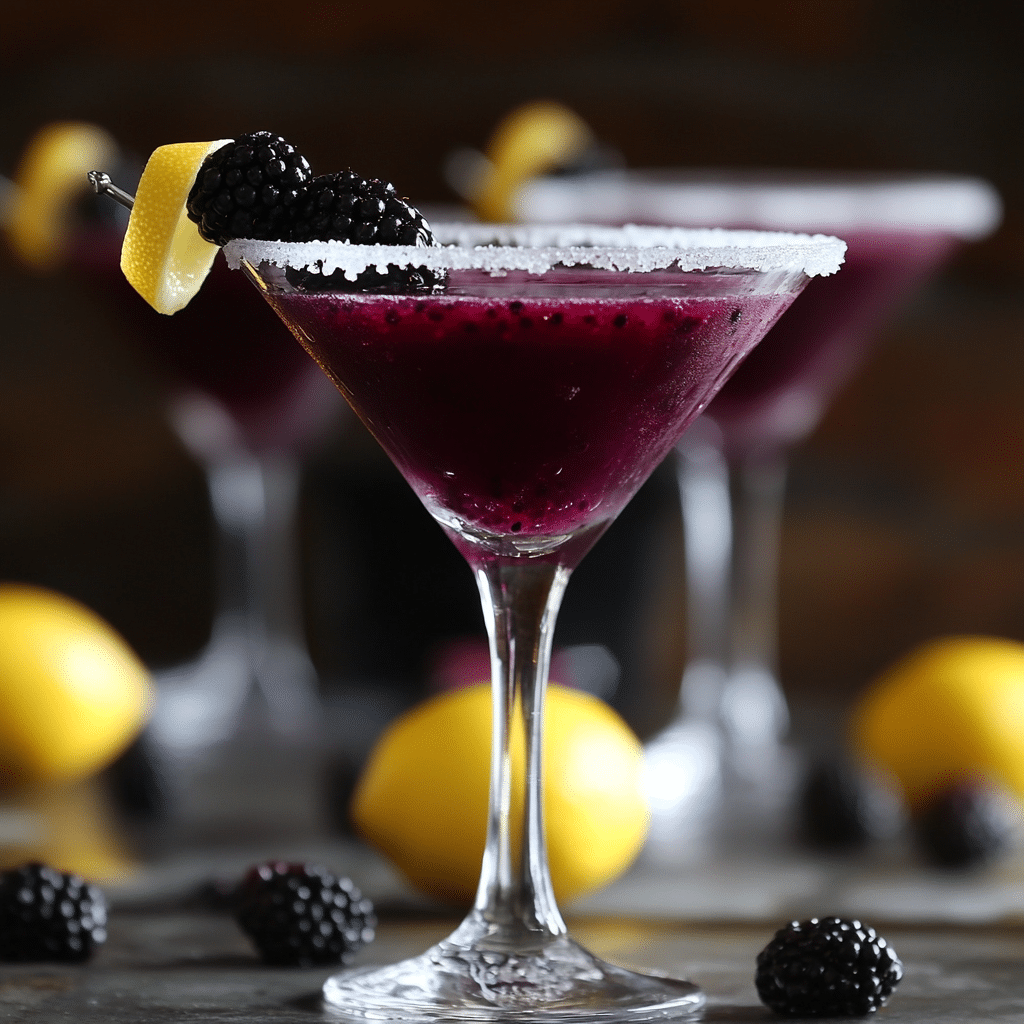 blackberry lemon drop martini cocktail with lemon twist