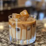 Salted Caramel White Russian with a salted rim and caramel drizzle.