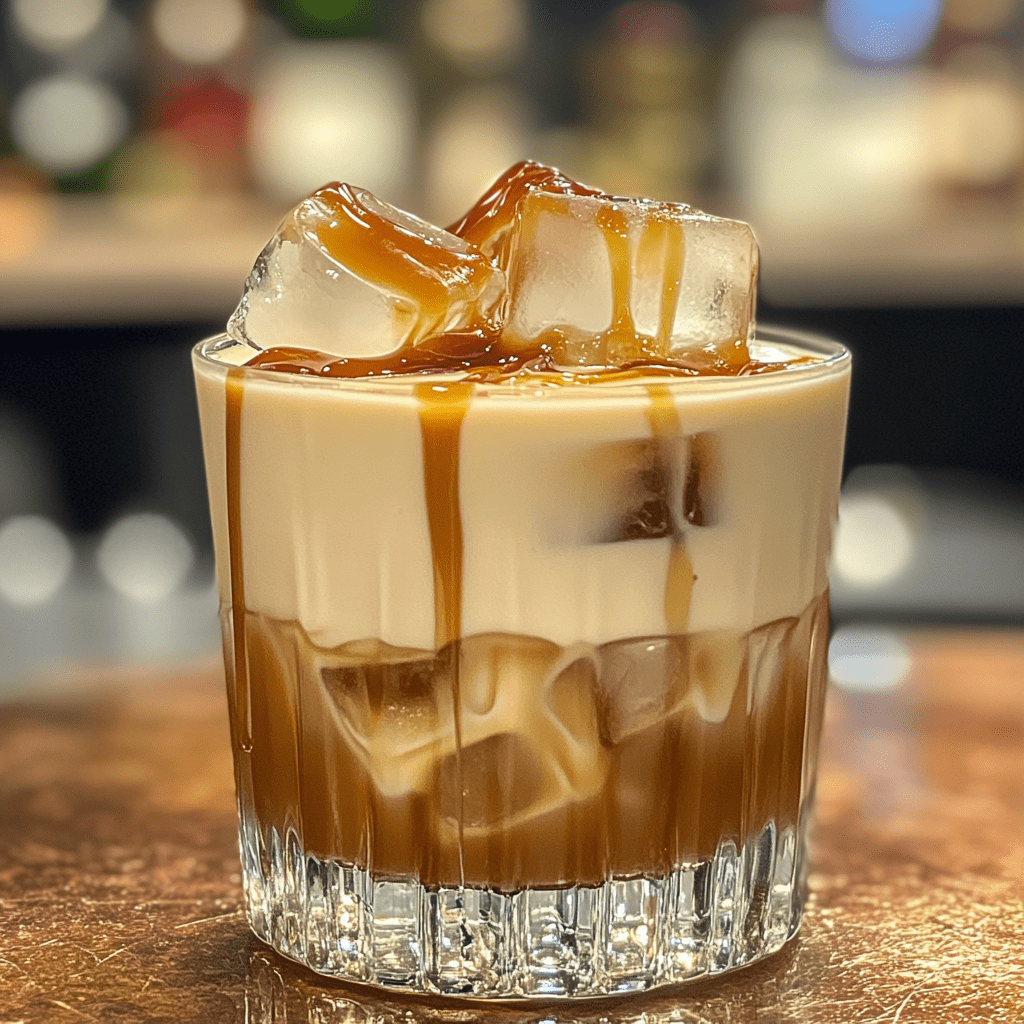 Salted Caramel White Russian with a salted rim and caramel drizzle.