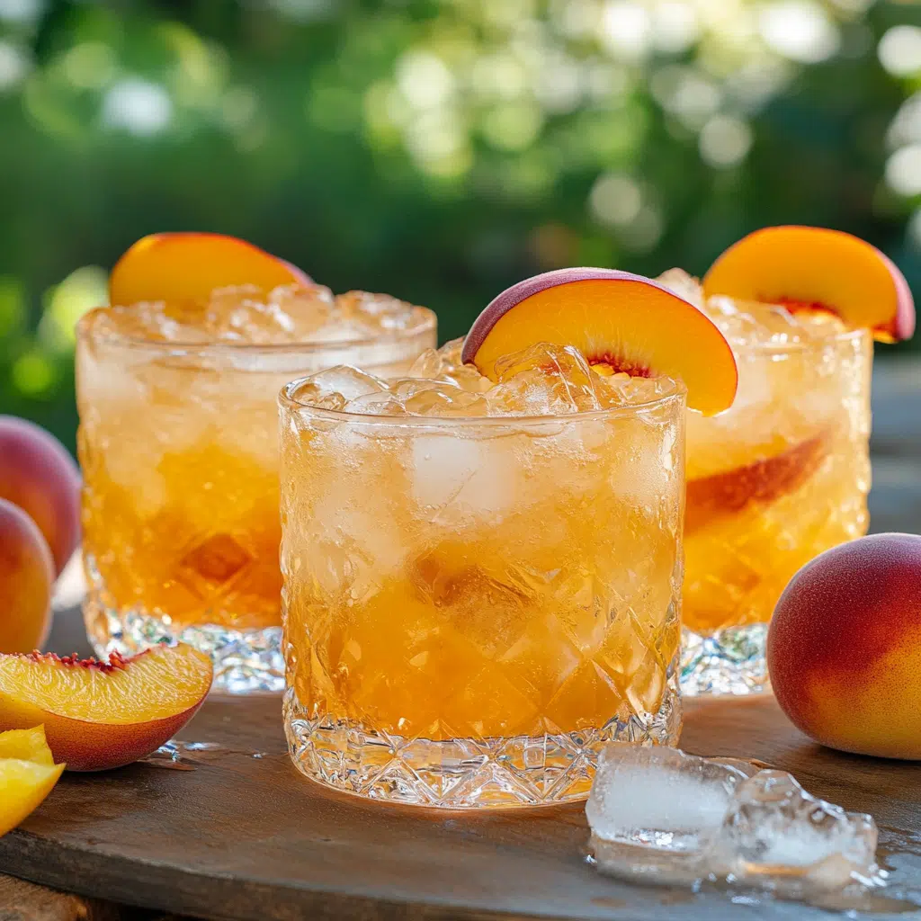 Southern Peach Punch in a rocks glasses with fresh peaches