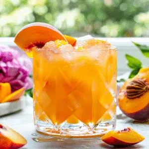 Southern Peach Punch in a rocks glass with fresh peaches