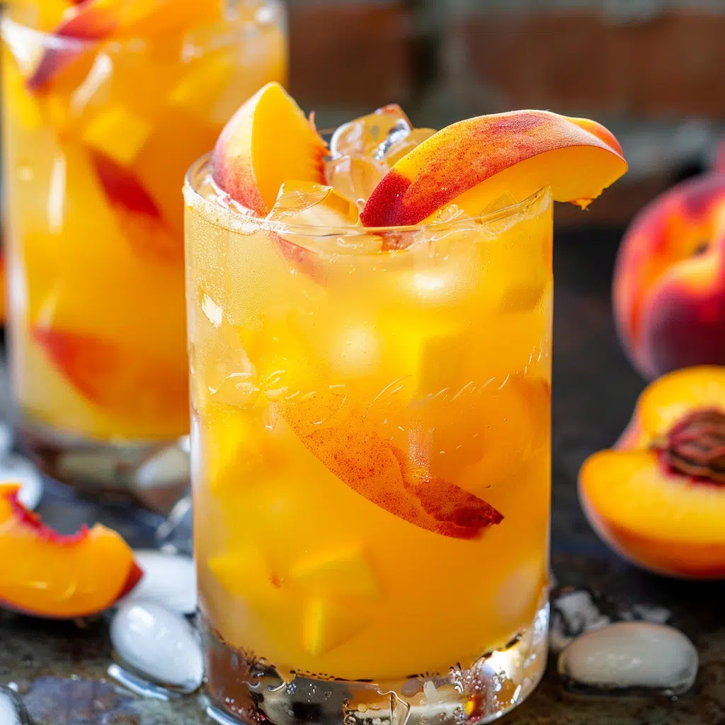 Southern Peach Punch in a rocks glass with fresh peaches