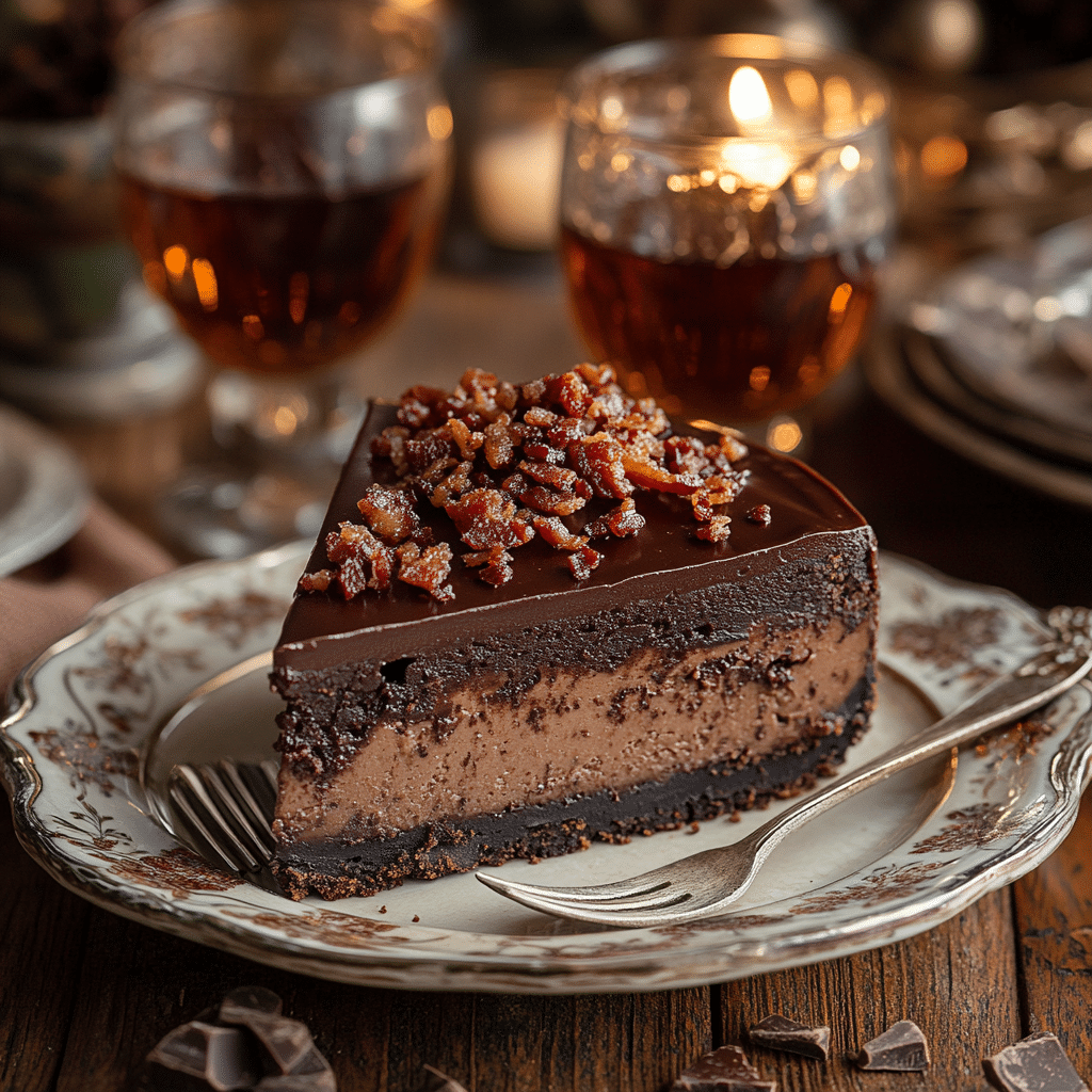 Chocolate Bourbon Bacon Cheesecake: Rich & Smoky 5 hocolate bourbon bacon cheesecake with ganache and candied bacon