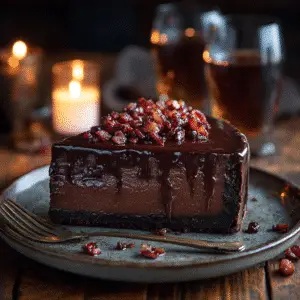 Chocolate Bourbon Bacon Cheesecake: Rich & Smoky 3 Slice of chocolate bourbon bacon cheesecake served with bourbon