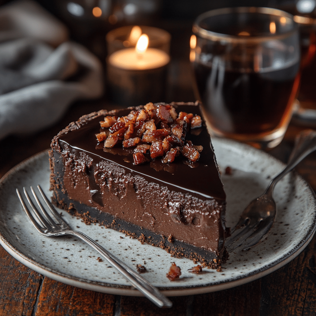 Chocolate Bourbon Bacon Cheesecake: Rich & Smoky 6 Slice of chocolate bourbon bacon cheesecake served with bourbon