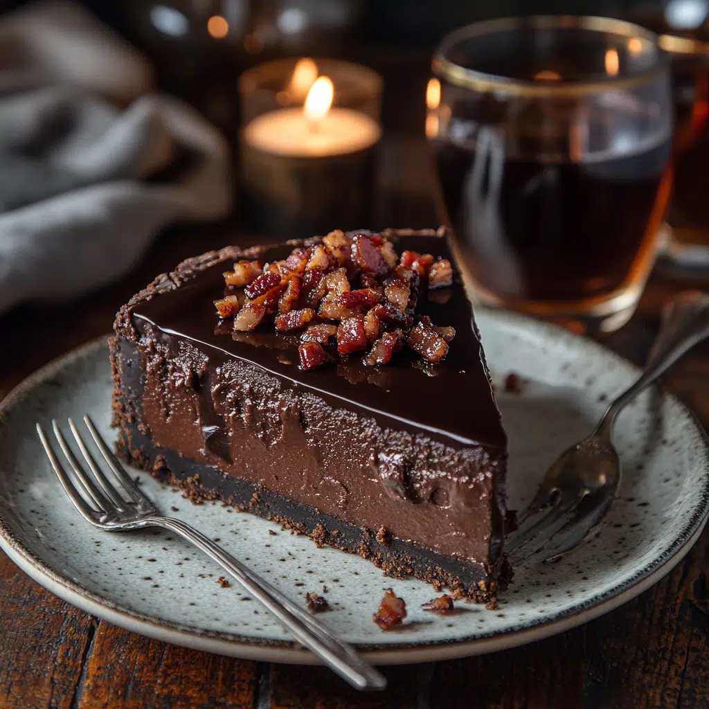 Slice of chocolate bourbon bacon cheesecake served with bourbon