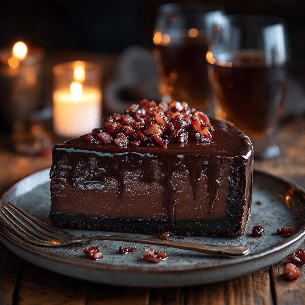 Chocolate Bourbon Bacon Cheesecake: Rich & Smoky 2 Slice of chocolate bourbon bacon cheesecake served with bourbon