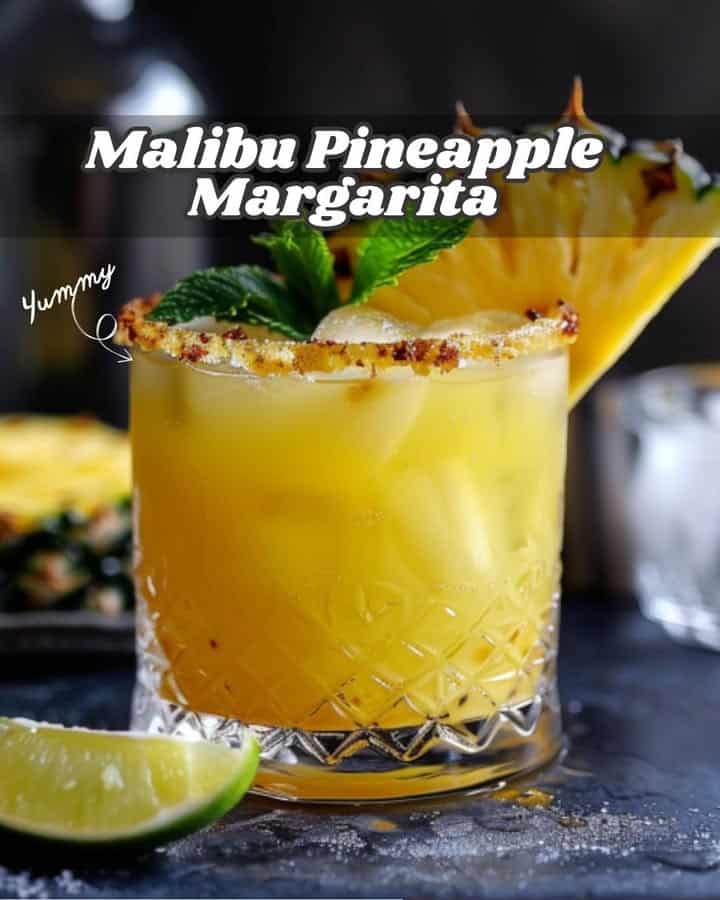 Malibu Pineapple Margarita "A tropical twist on the classic margarita, combining the sweet flavors of pineapple and coconut rum." Ingredients: 1 1/2 oz Malibu rum coconut rum 1 oz tequila 2 oz pineapple juice 1 oz fresh lime juice 1/2 oz triple sec orange liqueur Ice cubes Pineapple wedge and lime wheel, for garnish Salt or sugar, for rimming the glass optional Instructions: Prepare the Glass Optional: If you like a salted or sugared rim, rub a lime wedge around the rim of your glass, then dip it into a plate of salt or sugar. Mix the Cocktail: In a cocktail shaker, combine Malibu rum, tequila, pineapple juice, fresh lime juice, and triple sec. Fill the shaker with ice cubes. Shake: Shake vigorously for about 15 seconds until well chilled. Strain and Serve: Strain the mixture into a margarita glass or a rocks glass filled with ice cubes. Garnish: Garnish with a pineapple wedge and a lime wheel. Serve: Serve immediately and enjoy your tropical Malibu Pineapple Margarita! Tips: Use freshly squeezed lime juice for the best flavor. Adjust the sweetness by adding a splash of simple syrup if desired. For a frozen version, blend all the ingredients with ice until smooth. Hashtags: #MalibuPineappleMargarita #TropicalCocktails #Margarita #summerdrinks