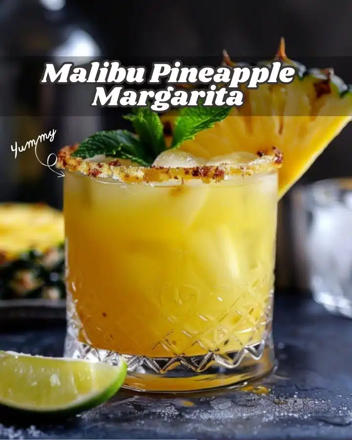 Malibu Pineapple Margarita "A tropical twist on the classic margarita, combining the sweet flavors of pineapple and coconut rum." Ingredients: 1 1/2 oz Malibu rum coconut rum 1 oz tequila 2 oz pineapple juice 1 oz fresh lime juice 1/2 oz triple sec orange liqueur Ice cubes Pineapple wedge and lime wheel, for garnish Salt or sugar, for rimming the glass optional Instructions: Prepare the Glass Optional: If you like a salted or sugared rim, rub a lime wedge around the rim of your glass, then dip it into a plate of salt or sugar. Mix the Cocktail: In a cocktail shaker, combine Malibu rum, tequila, pineapple juice, fresh lime juice, and triple sec. Fill the shaker with ice cubes. Shake: Shake vigorously for about 15 seconds until well chilled. Strain and Serve: Strain the mixture into a margarita glass or a rocks glass filled with ice cubes. Garnish: Garnish with a pineapple wedge and a lime wheel. Serve: Serve immediately and enjoy your tropical Malibu Pineapple Margarita! Tips: Use freshly squeezed lime juice for the best flavor. Adjust the sweetness by adding a splash of simple syrup if desired. For a frozen version, blend all the ingredients with ice until smooth. Hashtags: #MalibuPineappleMargarita #TropicalCocktails #Margarita #summerdrinks