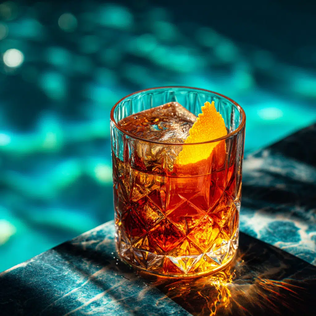Classic Old Fashioned cocktail on poolside