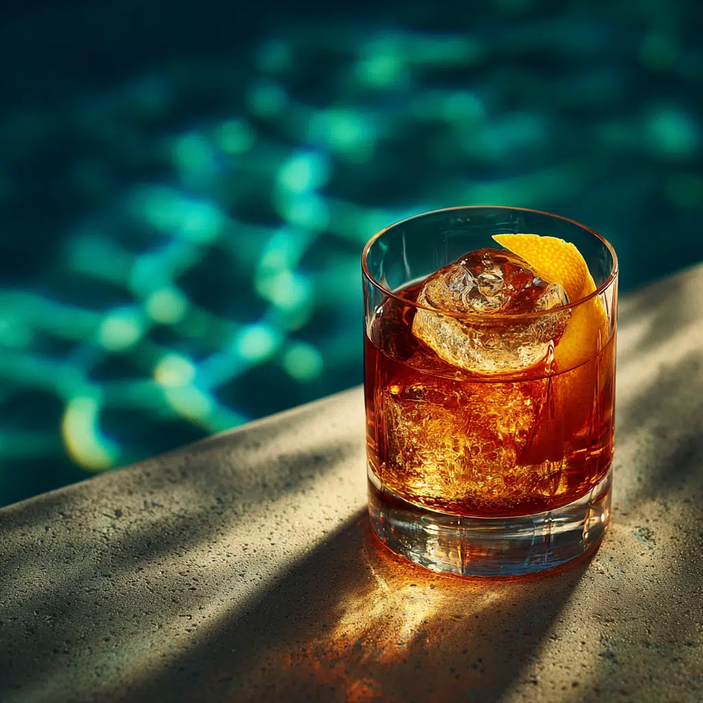 Classic Old Fashioned cocktail on poolside
