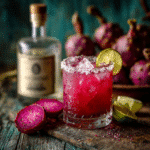 Prickly Pear Mezcal Margarita in rustic setting