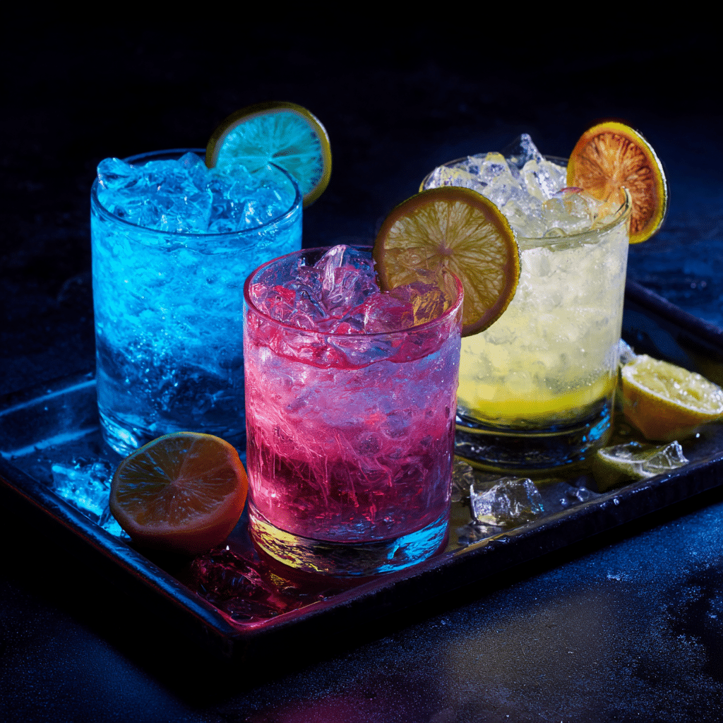 Glow-in-the-Dark Cocktails: Ultimate Party Drinks That Light Up the Night 4 Glowing cocktails with tonic and vitamins under UV