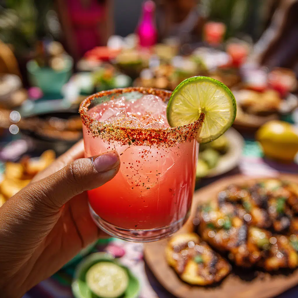 Hand holding a spicy watermelon margarita at a backyard gathering