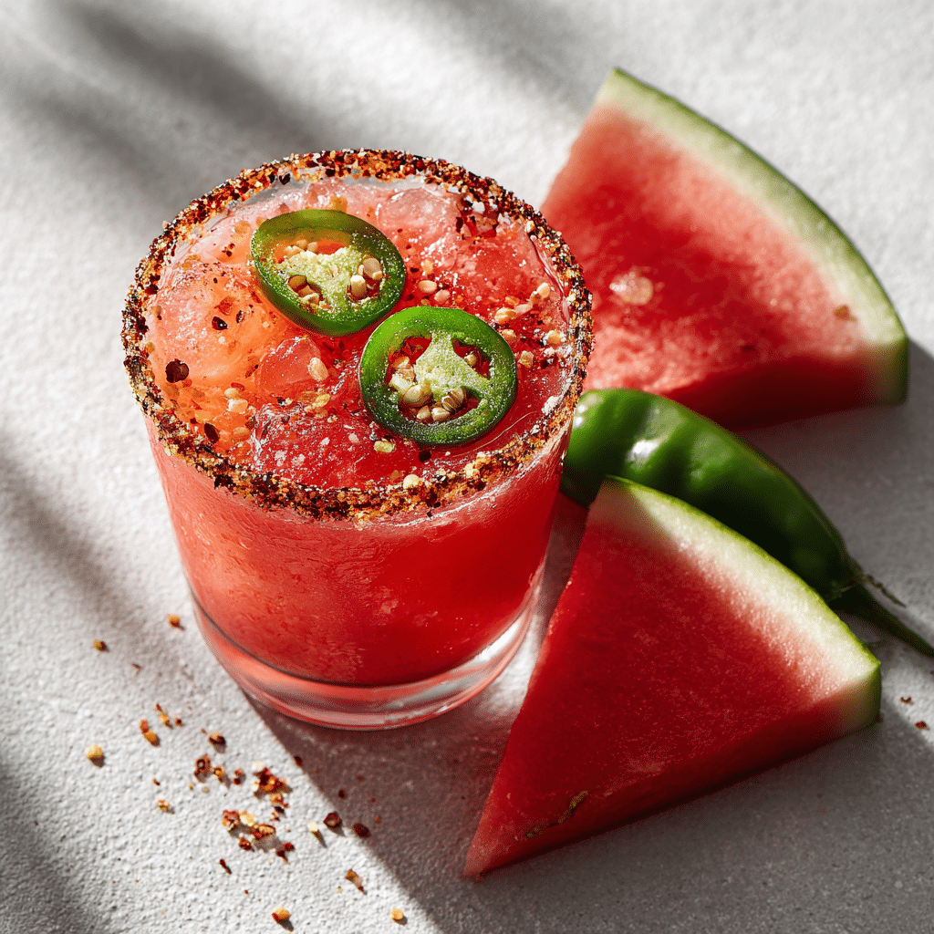spicy-watermelon-margarita-featured Spicy Watermelon Margarita with chili rim and jalapeño garnish