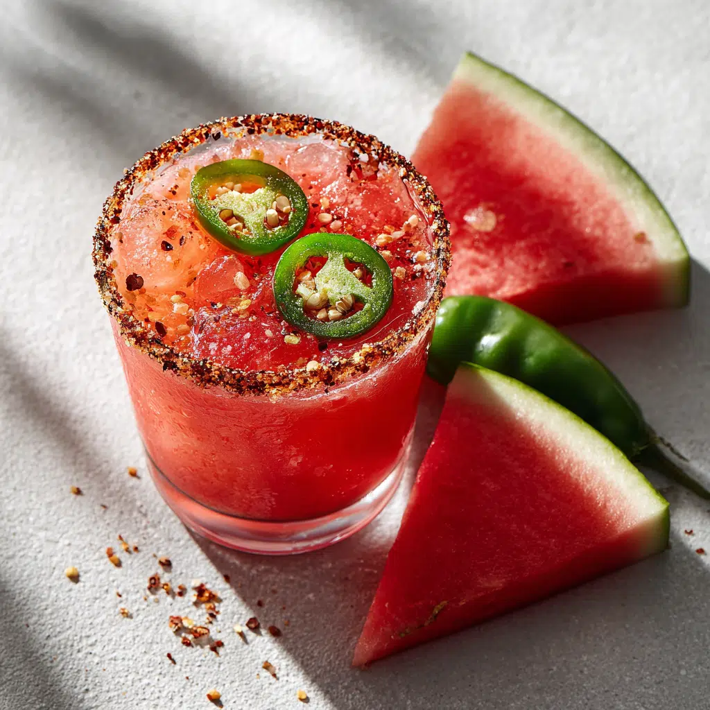 Spicy Watermelon Margarita with chili rim and jalapeño garnish