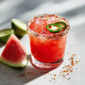 Spicy Watermelon Margarita with chili rim and jalapeño garnish