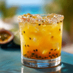Serving passion fruit margarita in sugar-rimmed glass
