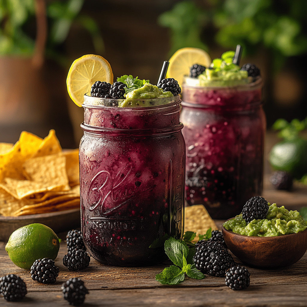 Blackberry Lemonade Margarita Recipe: A Refreshing Summer Cocktail 5 Blackberry lemonade margaritas with chips on picnic table