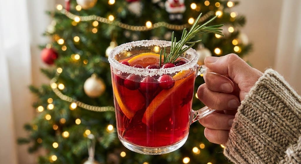 Christmas punch recipe glass with sugared rim and cranberries