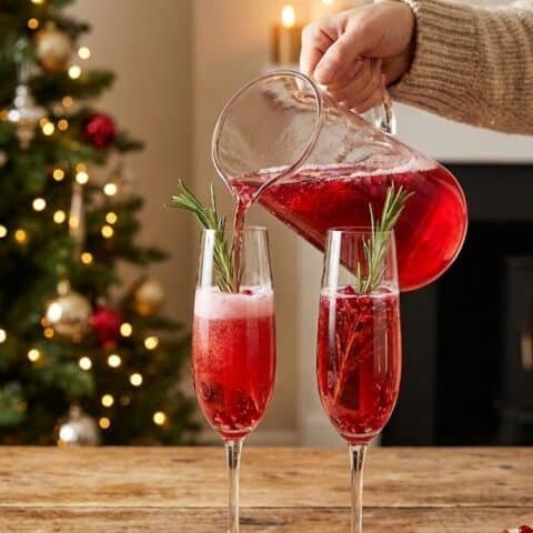 Serving pomegranate Christmas cocktail fizz