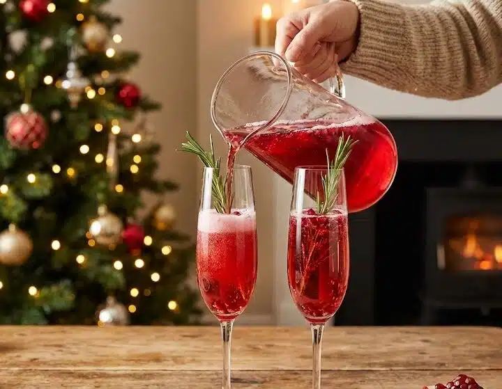 Serving pomegranate Christmas cocktail fizz