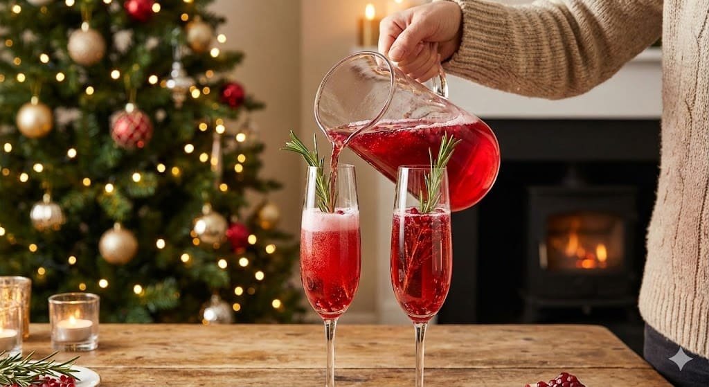 Serving pomegranate Christmas cocktail fizz