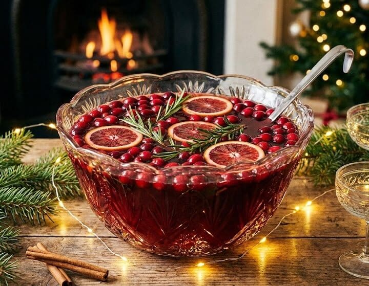 Christmas punch recipe festive bowl with cranberries and oranges
