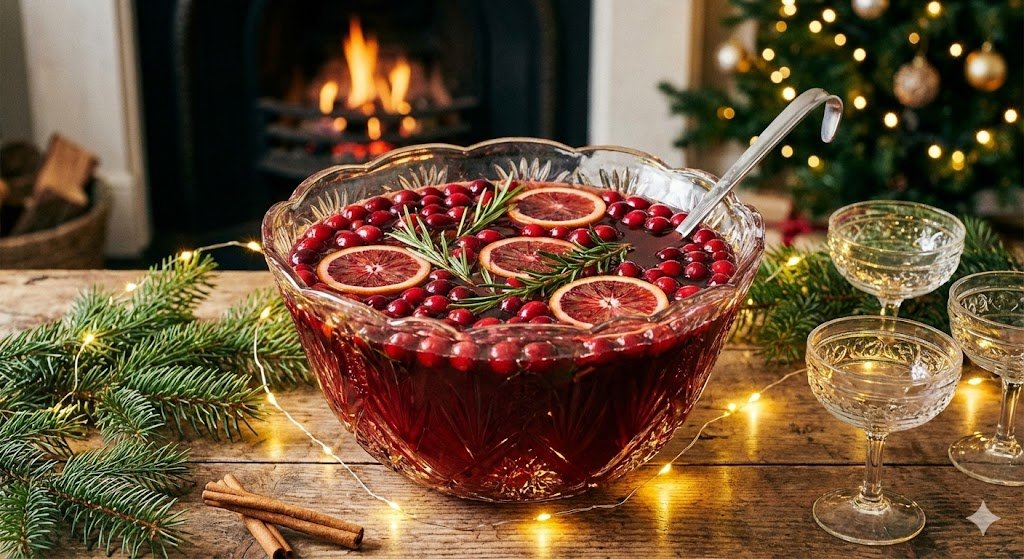 Christmas punch recipe festive bowl with cranberries and oranges